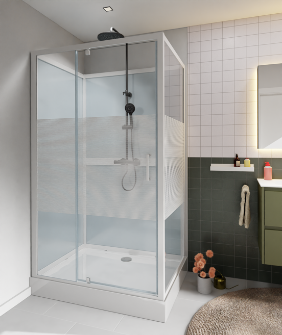 Luca Varess Talan rechthoekige douchecabine met draaideuren 90 x 120 cm helder glas met mat gestreepte strook glanzend wit profiel