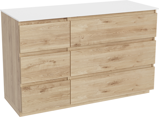 Balmani Lucida staand badmeubel 135 x 55 cm ruw eiken met Stretto enkel of dubbel wastafelblad in solid surface mat wit