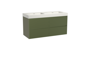 Storke Seda meuble salle de bains suspendu 130 x 52 cm vert olive avec Mata High double vasque en solid surface blanc mat