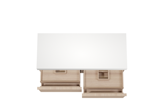 Balmani Forma hängendes Möbelstück Set: 135 x 55 cm, Naturbelassene Eiche, mit Dominus Einzel- oder Doppel Waschtischplatte, Solid Surface, Weiß matt, Horizontale symmetrische gerade Rippe