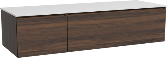 Storke Edge zwevend badmeubel 150 x 52 cm notenhout met Tavola enkel of dubbel wastafelblad in solid surface mat wit