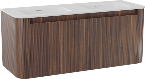 Storke Soft hängendes Möbelstück Set: 120 x 46 cm, Nussbaum, mit Mata Soft Doppelwaschtischplatte Solid Surface Weiβ matt, Vertikale symmetrische gerade Rippe