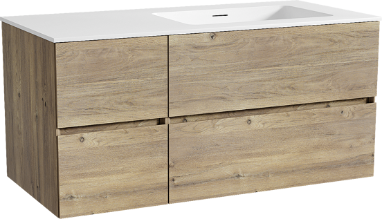 Storke Edge meuble salle de bains suspendu 110 x 52 cm chêne brut avec Mata plan vasque asymétrique à droite en solid surface blanc mat