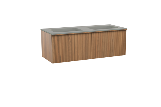 Balmani Forma zwevend badkamermeubel 135 x 55 cm teak met Tablo Strada dubbele wastafel in composietmarmer zijdegrijs, Verticale symmetrische rechte ribbel
