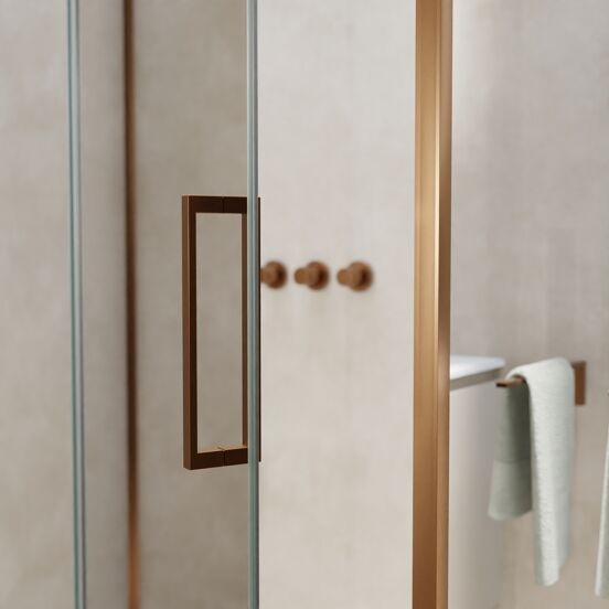 Balmani Senses Design douchehoek met linkse draaideur en vaste zijwand, 140 x 100 cm, Helder glas, Brushed Rosegold profielen, met coating