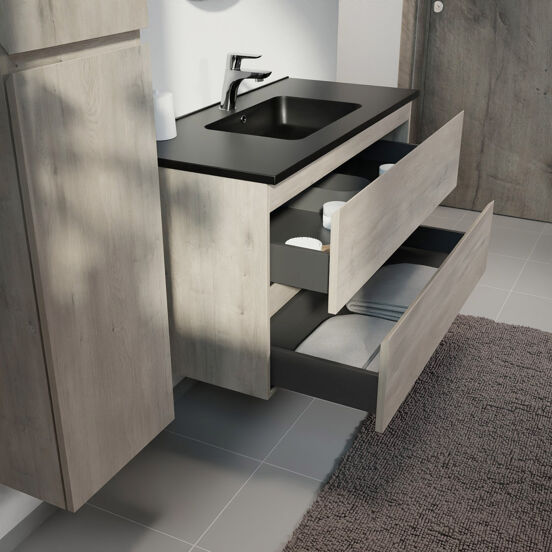 Linie Lado meuble salle de bains suspendu 100 x 46 cm chêne gris avec Vano plan simple en marbre composite noir mat