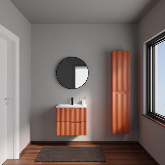 Linie Ribbo meuble salle de bains suspendu 60 x 46 cm cotto avec Vano plan simple en marbre composite blanc brillant, Nervure circulaire symétrique verticale