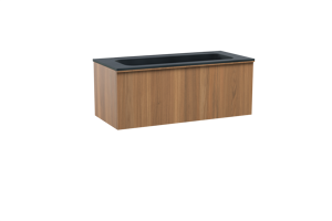 Balmani Forma zwevend badkamermeubel 120 x 55 cm teak met Tablo Strada enkele wastafel voor 2 kraangaten in composietmarmer mat zwart, Verticale symmetrische rechte ribbel