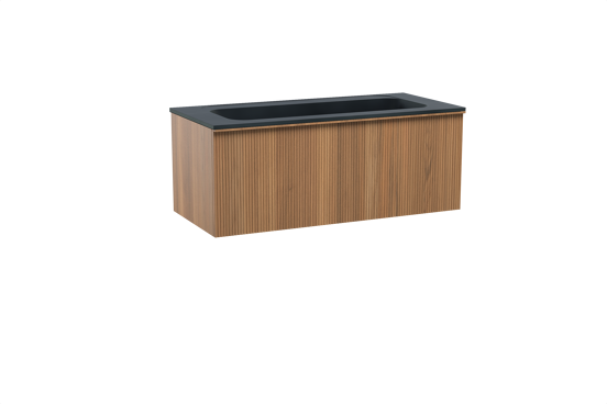 Balmani Forma zwevend badkamermeubel 120 x 55 cm teak met Tablo Strada enkele wastafel voor 2 kraangaten in composietmarmer mat zwart, Verticale symmetrische rechte ribbel