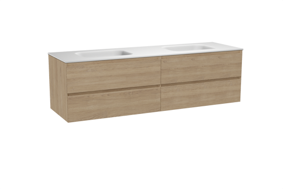 Balmani Mitra hängendes Möbelstück Set: 180 x 55 cm, Naturbelassene Eiche, mit Tablo Arcato Doppelwaschtisch, Solid Surface Weiß matt