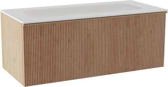 Balmani Forma zwevend badkamermeubel 120 x 55 cm natuur eik met Tablo Arcato enkele wastafel voor 2 kraangaten in solid surface mat wit, Verticale symmetrische rechte ribbel