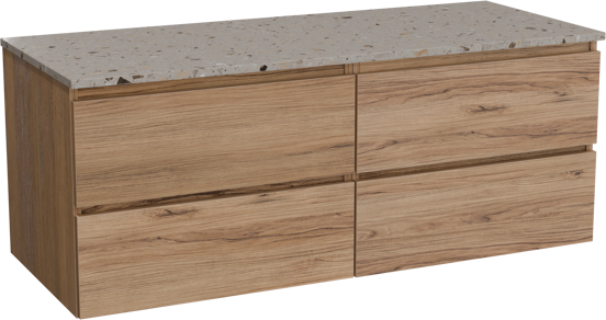 Balmani Lucida zwevend badkamermeubel 135 x 55 cm teak met Stretto enkel of dubbel tablet in terrazzo greige terrazzo