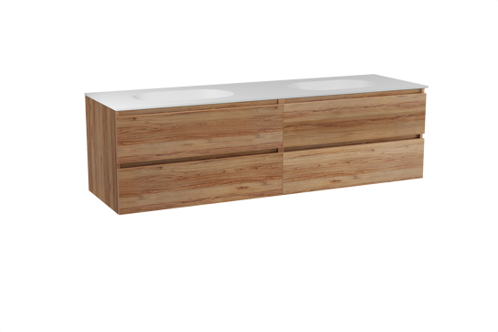 Balmani Lucida zwevend badkamermeubel 180 x 55 cm teak met Tablo Oval dubbele wastafel in solid surface mat wit