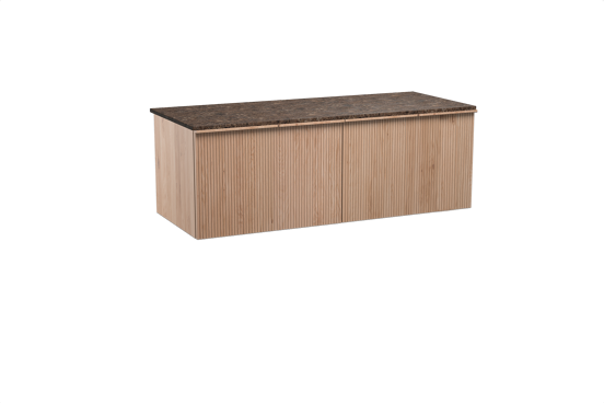 Balmani Forma hängendes Möbelstück Set: 135 x 55 cm, Naturbelassene Eiche, mit Stretto Einzel- oder Doppel Waschtischplatte, Marmor, Dark Emperador, Vertikale symmetrische gerade Rippe