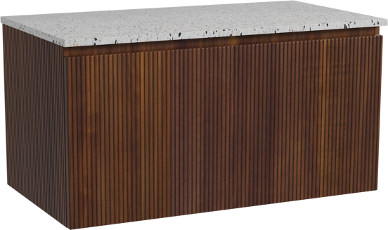 Storke Ribs meuble salle de bains suspendu 95 x 52 cm noyer avec Tavola tablette simple en blanc/noir mat terrazzo, Nervure droite symétrique verticale