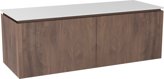Balmani Eclips meuble salle de bains suspendu 150 x 55 cm Noyer américain avec Stretto tablette simple ou double en Solid Surface blanc mat