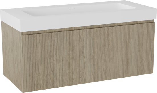 Storke Ribs zwevend badkamermeubel 120 x 52 cm ruwe eik met Mata High enkele wastafel in solid surface mat wit, Verticale symmetrische rechte ribbel