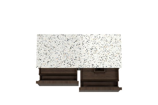 Balmani Forma zwevend badkamermeubel 135 x 55 cm gerookte eik met Stretto enkel of dubbel tablet in mat wit/zwart terrazzo, Verticale symmetrische rechte ribbel
