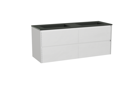 Storke Seda zwevend badkamermeubel 150 x 52 cm mat wit met Scuro dubbele wastafel in kwarts mat zwart