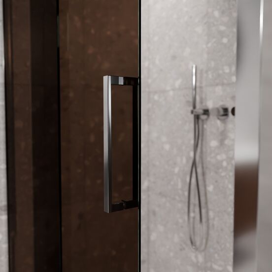 Balmani Senses Design douche en coin avec porte coulissante à gauche et paroi latérale fixe, 160 x 100 cm, Bronze, Profil Chrome brillant