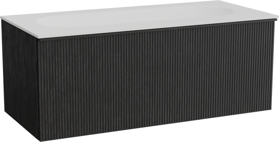 Balmani Forma zwevend badkamermeubel 120 x 55 cm zwarte eik met Tablo Oval enkele wastafel voor 2 kraangaten in solid surface mat wit, Verticale symmetrische rechte ribbel