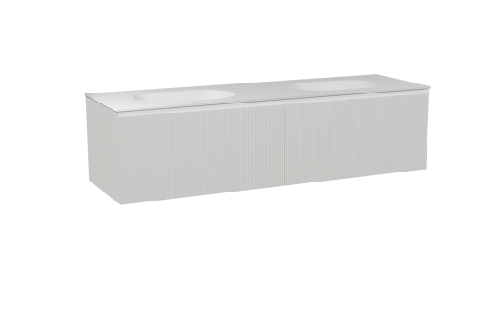 Balmani Fila hängendes Möbelstück Set: 180 x 55 cm, Weiß matt, mit Tablo Oval Doppelwaschtisch, Solid Surface, Weiß matt, Vertikale symmetrische gerade Rippe
