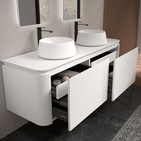 Balmani Moon meuble salle de bains suspendu 160 x 55 cm blanc mat avec Moon tablette simple ou double en solid surface blanc mat