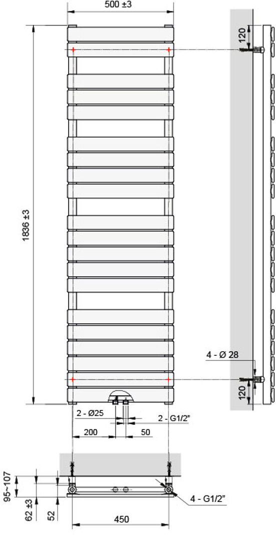 Vipera Vulcan sèche-serviettes simple 50 x 180 cm chauffage électrique blanc brillant raccordements latéral et central possibles 1.049W, résistance incluse