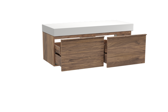 Balmani Forma hängendes Möbelstück Set: 135 x 55 cm, Amerikanischer Nussbaum, mit Dominus Einzel- oder Doppel Waschtischplatte, Solid Surface, Weiß matt, Horizontale symmetrische gerade Rippe