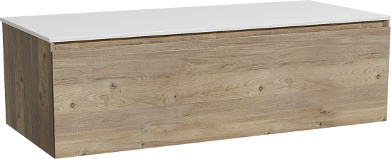 Storke Edge zwevend badkamermeubel 120 x 52 cm ruwe eik met Tavola enkel of dubbel tablet in solid surface mat wit