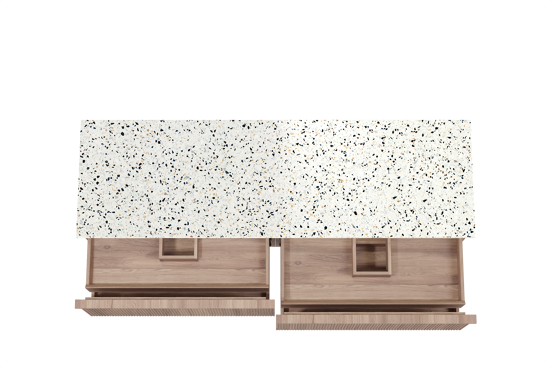 Balmani Forma hängendes Möbelstück Set: 180 x 55 cm, Teak, mit Stretto Einzel- oder Doppel Waschtischplatte, Terrazzo in Weiß/Schwarz matt, Vertikale symmetrische gerade Rippe