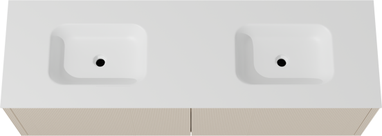 Balmani Eclips zwevend badkamermeubel 180 x 55 cm Sandbeige met Tablo Arcato dubbele wastafel in Solid Surface mat wit, Verticale symmetrische rechte ribbel