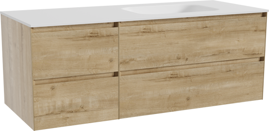 Balmani Mitra hängendes Möbelstück Set: 135 x 55 cm, Rohe Eiche, mit Tablo Arcato Waschtisch rechts, Solid Surface Weiß matt
