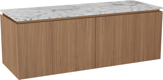 Balmani Eclips meuble salle de bains suspendu 150 x 55 cm Teck avec Stretto tablette simple ou double en Marbre Carrare, Nervure droite symétrique verticale