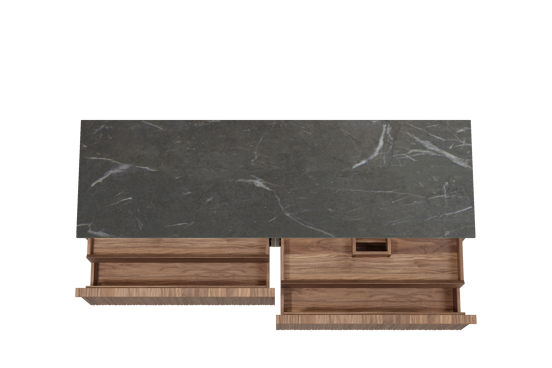 Balmani Forma hängendes Möbelstück Set: 180 x 55 cm, Amerikanischer Nussbaum, mit Stretto Einzel- oder Doppel Waschtischplatte, Marmor, Pietra Grey, Vertikale asymmetrische Runde Rippe
