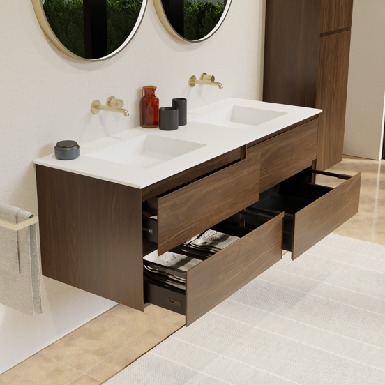 Balmani Mitra hängendes Möbelstück Set: 150 x 55 cm, Amerikanischer Nussbaum, mit Tablo Stretto Doppelwaschtisch, Solid Surface Weiß matt