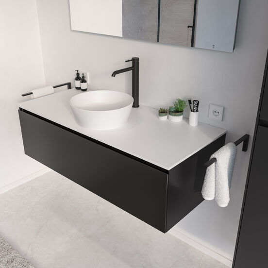 Storke Edge meuble sous-vasque suspendu 120 x 52 cm noir mat 1 tiroir 2 découpés de siphon