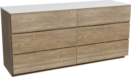 Storke Edge staand badkamermeubel 170 x 52 cm ruwe eik met Tavola enkel of dubbel tablet in solid surface mat wit