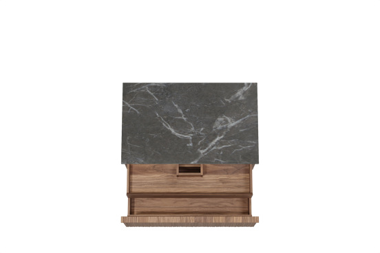 Balmani Forma zwevend badkamermeubel 90 x 55 cm amerikaanse notelaar met Stretto enkel tablet in marmer pietra grey, Verticale asymmetrische ronde ribbel