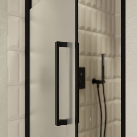 Balmani Senses Design Dusche Drehtür, Links, 90 cm x 210 cm, Klarglas mit mattiertem Streifen, Profil Schwarz, inklusive Coating
