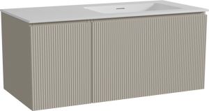 Storke Ribs meuble salle de bains suspendu 110 x 52 cm soie grise avec Mata plan vasque asymétrique à droite en solid surface blanc mat, Nervure droite symétrique verticale