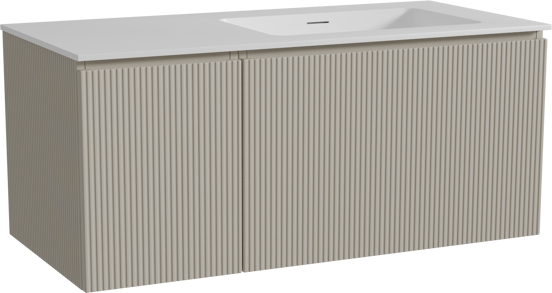 Storke Ribs meuble salle de bains suspendu 110 x 52 cm soie grise avec Mata plan vasque asymétrique à droite en solid surface blanc mat, Nervure droite symétrique verticale