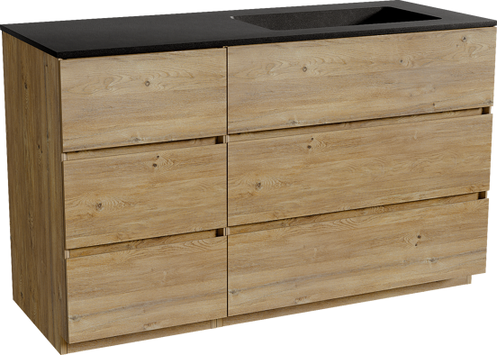 Storke Edge staand badmeubel 130 x 52 cm ruw eiken met Scuro asymmetrisch rechtse wastafel in kwarts mat zwart