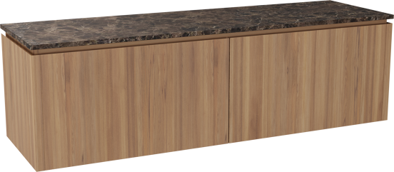 Balmani Eclips zwevend badkamermeubel 180 x 55 cm Teak met Stretto enkel of dubbel tablet in Dark Emperador marmer
