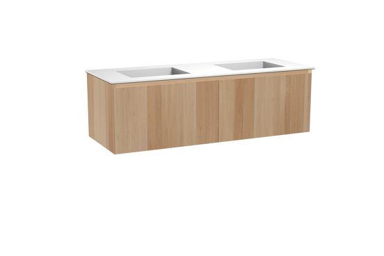 Balmani Idra hängendes Möbelstück Set: 150 x 55 cm, Naturbelassene Eiche, mit Tablo Stretto Doppelwaschtisch, Solid Surface Weiß matt