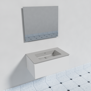 Storke Edge meuble salle de bains suspendu 85 x 52 cm blanc mat avec Diva plan simple en top solid soie grise mat et Soto miroir