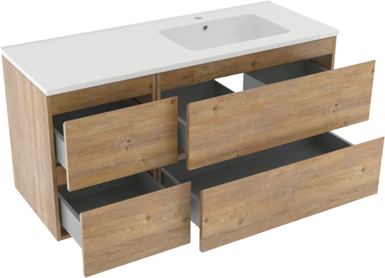 Linie Lado meuble salle de bains suspendu 120 x 46 cm chêne naturel avec Vano plan vasque asymétrique à droite en marbre composite blanc mat