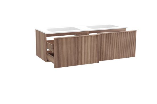 Balmani Forma meuble salle de bains suspendu 150 x 55 cm teck avec Tablo Strada double vasque en marbre composite blanc mat, Nervure droite symétrique verticale