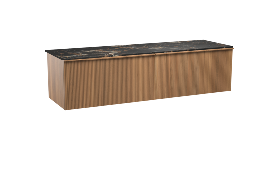 Balmani Forma zwevend badkamermeubel 180 x 55 cm teak met Stretto enkel of dubbel tablet in marmer portoro gold, Verticale symmetrische rechte ribbel