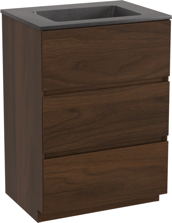 Storke Edge freistehendes Möbelstück Set: 60 x 46 cm, Nussbaum, mit Scuro Einzelwaschtisch, Quarz Schwarz matt